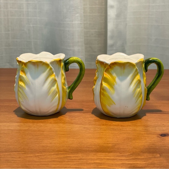 VTG Lefton Yellow Cabbage Rose Salt and Pepper Shakers Handles Cottagecore Green - Picture 6 of 16